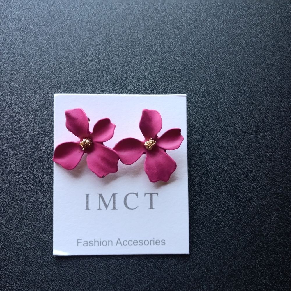 Deep Pink Clay Flower Post Earrings